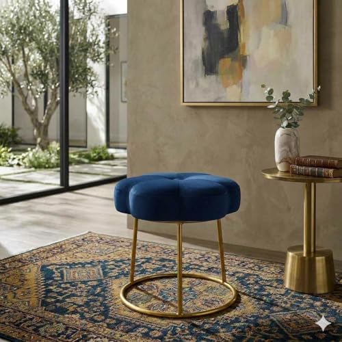 Image of Flower Ottoman Foot Stool for Bedroom and Living Room, Round Makeup Vanity Chair with Metal Legs and Soft Padded Seat-Blue