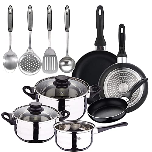 San Ignacio Pk2436 Bateria 5 Piezas (3 Cuerpos Y 2 Tapas), Juego De 3 Sartenes (16,20,24 Cm), Inducción, Y 4 Utensilios De Cocina, Acero Inoxidable