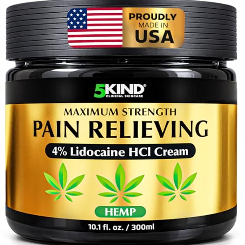 5kind Extra Strong Lidocaine Cream with Hemp,10.1 fl oz Pain Relief Cream - Lidocaine Cream Maximum Strength Soothing Pain Relief Massage Gel - Lidocaine Numbing Cream Muscle Pain Relief -Made in USA