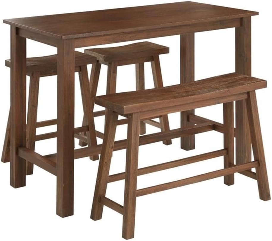 BOWERY HILL Farmhouse Rubber Wood Pub Set, Chestnut Wire-Brush Finish, Includes 1 Table, 2 Saddle Stools, 1 Saddle Bench, Fits 4 People, Rustic Style Kitchen or Dining Room Furniture, Solid