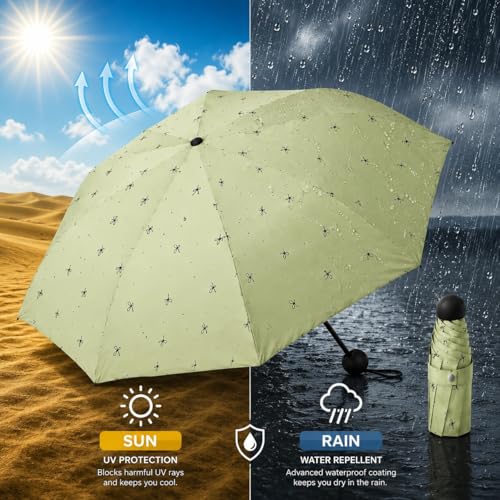 Image of Mini Umbrella with Case for Men & Women (Manual Open) Compact Travelling Pocket Umbrella, Polyester & UV Protect Fabric for Summer /Anti-Slip Handle- Use in Rain & Summer (Green-Print)