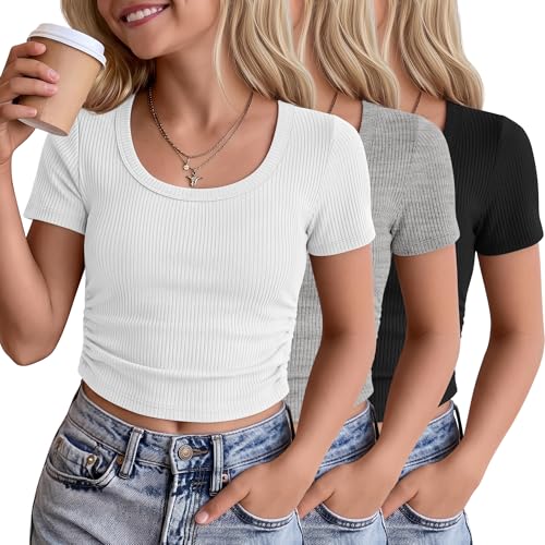 Mumucove 3 Pack Girls' Crop Tops Tween T Shirts, 3-Color, 11-12 Years