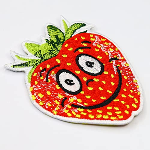 Image of Strawberry Iron-on /sew on Patch cuutr Fruit Kids Patches for All Fabrics and Leather | Children Fabric Decoration Sticker to Iron on for Clothing and Costumes | Fabric Applique | 2.16x2.75 in