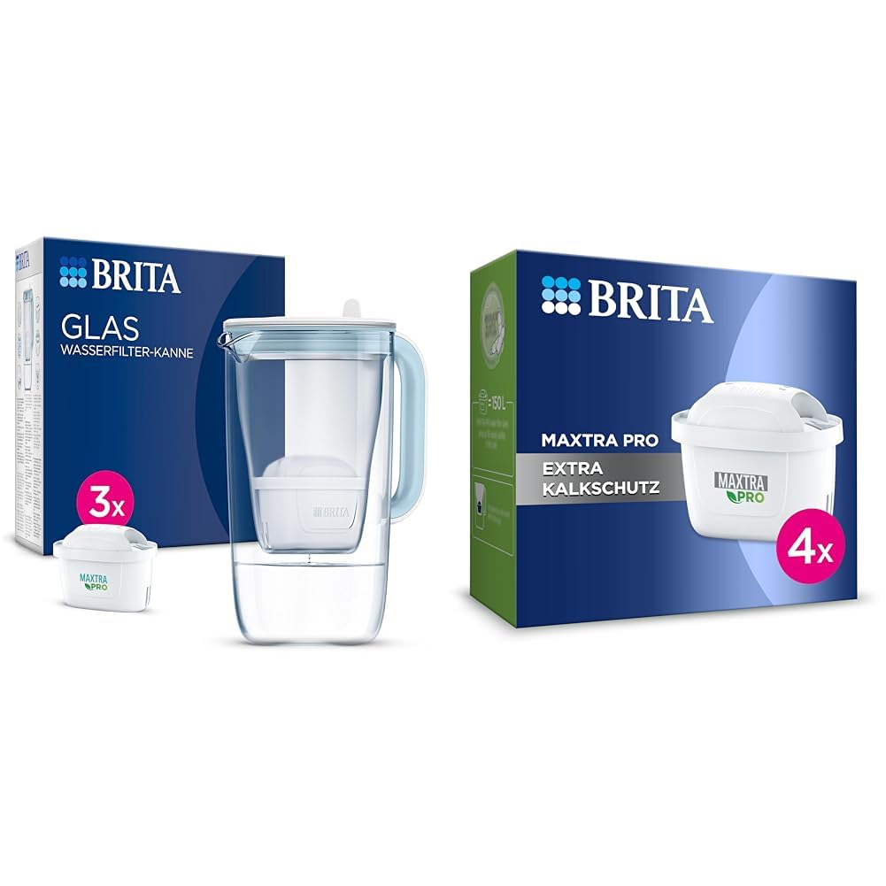 BRITA Glas Wasserfilter-Kanne hellblau (2,5l) inkl. 3x MAXTRA PRO All-in-1 Kartusche & Wasserfilter-Kartusche MAXTRA PRO Extra Kalkschutz – 4er Pack