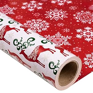 MAYPLUSS Christmas Reversible Wrapping Paper – Mini Roll – 17 Inch X 32.8 Feet- Red Green Reindeer Design (47.3 sq.ft.ttl)
