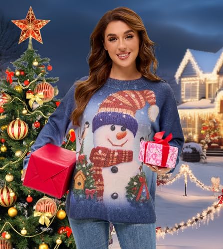 Image of Women's Boho Christmas Sweater, Oversized Long Sleeve Graphic Knit Pullover, Loose Fit Casual Top with Drop Shoulder
