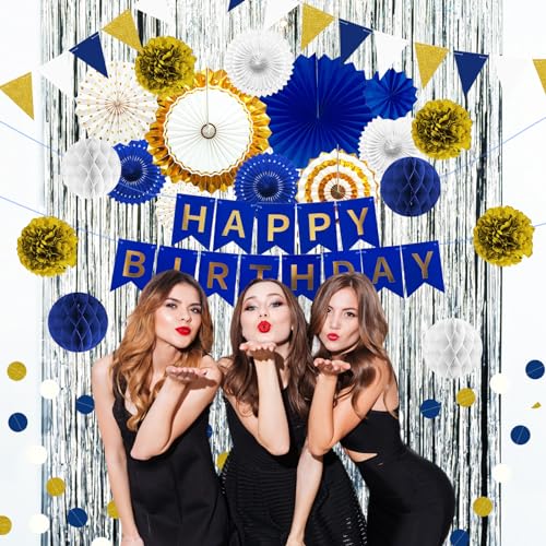 Image of 24Pcs Navy Blue Gold Happy Birthday Party Decoration Set for Baby Shower