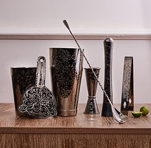SKYFISH Cocktail Shaker Set  Etching Cocktail Shaker Kit in Gift Box Set of 7 (BLACK).