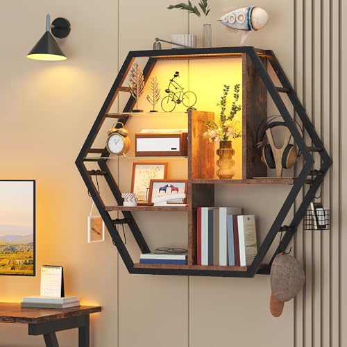 kepptory 39 inch Large Gaming Floating Shelves with LED Lights, 5 Tier Wall Mounted Shelves with 2 Removable Glass Shelf, Pipe Shelves Hanging Display Rack with 8 Hooks, Easy Assembly (Retro Brown) kepptory 39 inch Large Gaming Floating Shelves with LED Lights, 5 Tier Wall Mounted Shelves with 2 Removable Glass Shelf, Pipe Shelves Hanging Display Rack with 8 Hooks, Easy Assembly (Retro Brown)