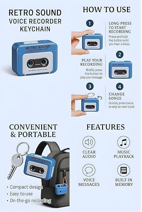 Image of Retro Mini Tape Recorder Keychain with 15 Second Voice Recording & Playback, Vintage Cassette Design, Funny Voice Message Keyring, Gift for Kids & Adults (Multicolor) (Pack of 1)