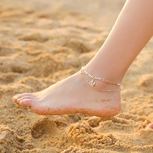 Ankle Bracelets for Women, 14K Gold Plated Dainty Layered Figaro Chain CZ Initial Anklets Summer Jewelry Gifts for Women Teen Girls - Image 5