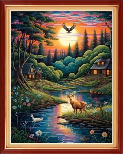 Image of Findvoor Stamped Cross Stitch Kits for Beginner Embroidery Kits for Beginners Adults DIY 11CT Cross Stitch Patterns Needlepoint Kits Crossstitching Kits-Night View of the Creek 16x20 inch