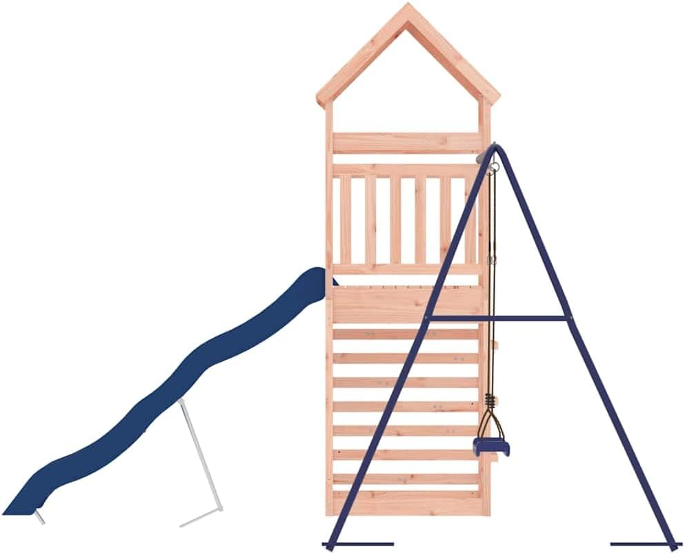 Natural Wood Solid Douglas Fir Outdoor Playset with Smooth Wave Slide, Saddle Swing, and Climbing Wall for Backyard Fun, Durable Construction, Large Playset for Active Play,