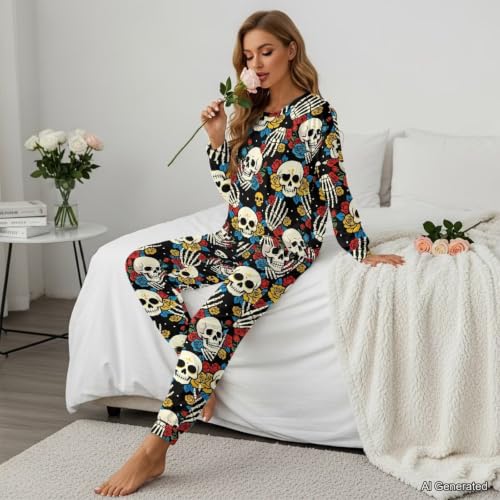 Image of Womens Lounge Set Long Sleeve Soft Pajama Sets | Casual 2 Piece Pj Outfit, Crewneck Sleepwear with Pockets, Adjustable Drawstring, Soft Comfy Fall Pajamas, Plus Size