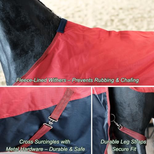 Image of BARN & STABLE 600Denier 3000mm /3000mvp Super Waterproof & Breathable Horse Blankets for Winter with 200g Fill (Classic Red /Navy, 81 Inch)