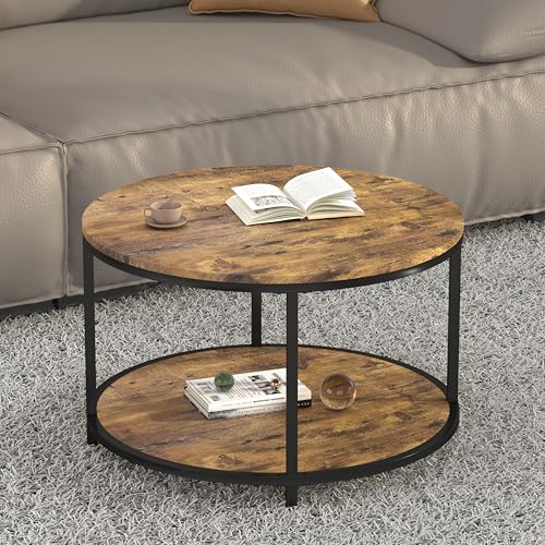 Image of NSdirect Round Coffee Table, 25.6 inch Small Coffee Table for Living Room,2-Tier Rustic Wood Desktop with Storage Shelf Modern Design Home Furniture(Brown)