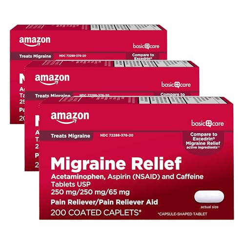 Image of Amazon Basic Care Migraine Relief Acetaminophen, Aspirin (NSAID) and Caffeine Tablets, Pain Reliever /Pain Reliever Aid, 200 Count (Pack of 3)