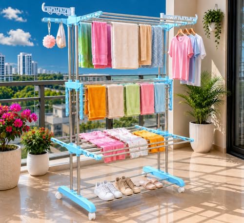 Image of KITCHIVO Premium Clothes Stand for Drying with Wheels | Portable | 3 Layer Rack for Balcony | Foldable Wings | 24 Hanger Rods | Anti Rust Steel Metal (Blue)