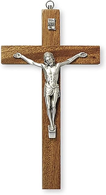 20cm Mahogany Wall Hanging Wood Crucifix Cross Silver Jesus 10591