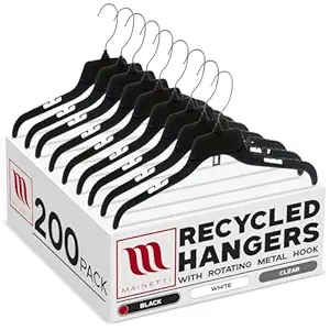 Mainetti 484 Recycled Black Plastic Hangers - 200 Pack with Rotating Metal Hook and Notches for Straps, Great for Shirts/Tops/Dresses, 17-Inch