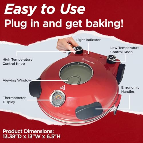 CULINARY CHEF Electric Pizza Oven with Ceramic Stone, Viewing Window, Adjustable Heat Control, Timer and 1200W Baking Power, DIY Homemade Pizzeria, Large 12” Pie Capacity (Red) - Thumbnail 5