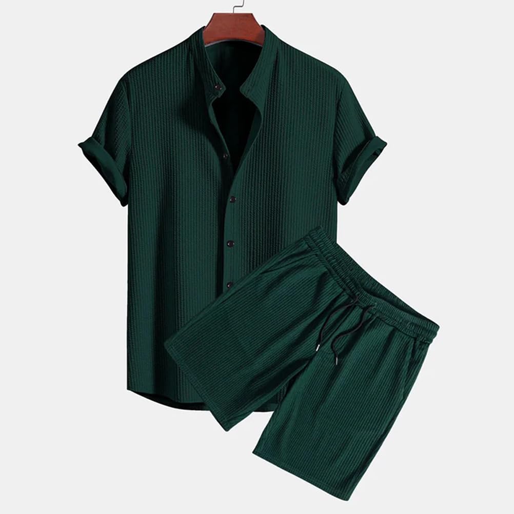 Tuta da Uomo Tinta Unita Camicia a Bottone + Pantaloncini 2 Pezzi con Tasche Abbigliamento Spiagge a Maniche Corte Tempo Libero e Sportivo Tuta Classico Estiva Sets