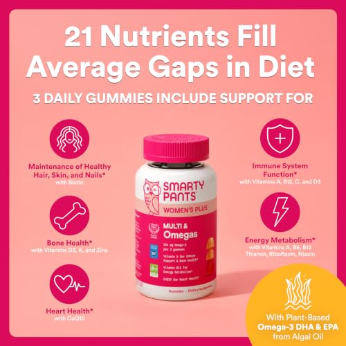 Image of SmartyPants Women's Multivitamin Gummies, Omega 3 DHA /EPA, Methylfolate, CoQ10, Vitamin D3, C, B12, B6, A, K, Zinc, Three Fruit Flavors, 90 Count (30 Day Supply)