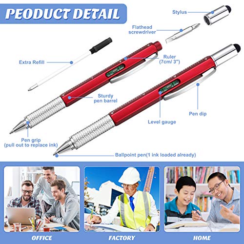 10 Pieces Multitool Pen Set, 9 Pieces 6 in 1 and 9 in 1 LED Light Touchscreen Multifunctional Stylus Pen with Ruler Level Bottle Opener Screwdriver, 10 Refills for Men (Multi-color)