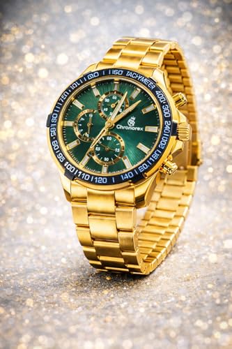 Image of Men's Gold Chronograph Watch with Green Dial | Stainless Steel Strap | Tachymeter Sports Watch