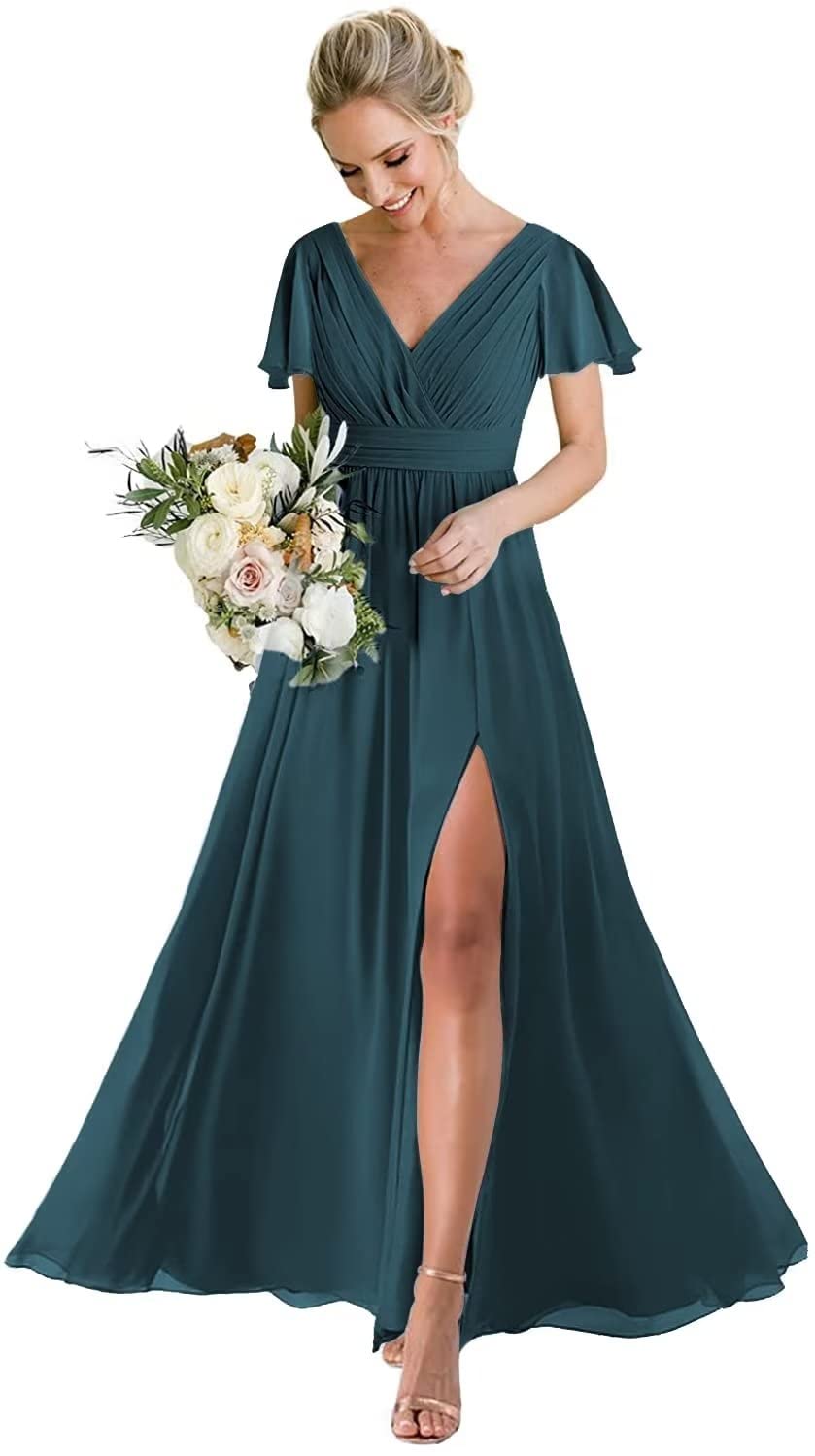 ZXLLOWomen's V Neck Chiffon Bridesmaid Dresses Short Sleeves A Line Formal Evening Party Gown DressesTeal US10