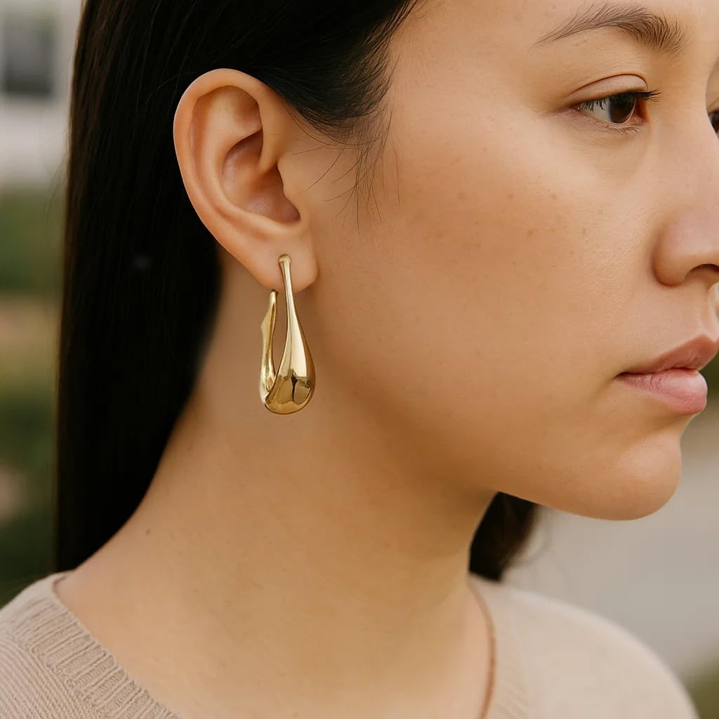 Chunky Gold Plated Hoop Earrings for Women - 14K Plated Large U-Shape Drop Dangle Statement Earrings, Trendy Oversized Hypoallergenic Jewelry, Elegant Wedding Gift - Image 3