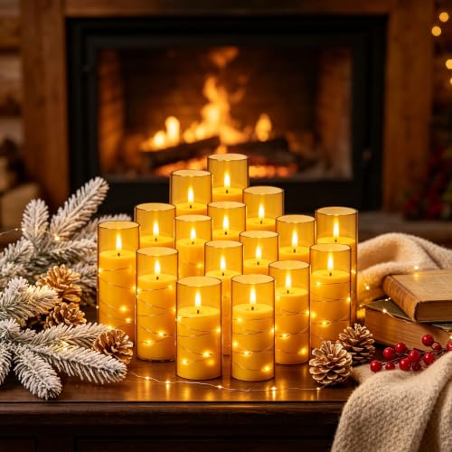 Image of Da by 12 Pack Champagne Flameless Taper Candles, Flickering Black Wick LED Candles with Copper Wire Lights, Heat Resistant ABS with 2 Remotes, Assorted Sizes for Indoor Outdoor Decor