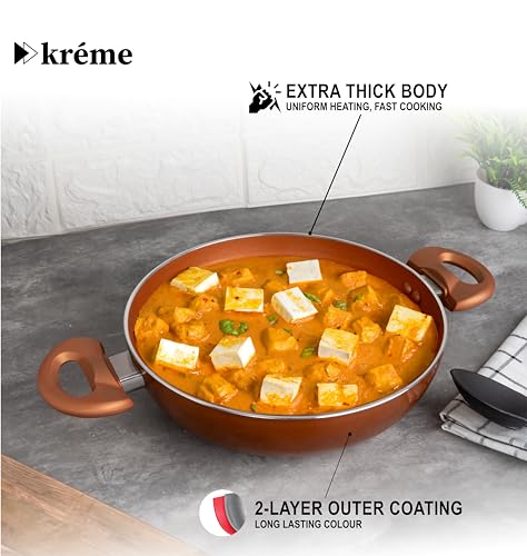 Image of Kreme Sonet Non-Stick Frying Kadai with Glass Lid | 2.5 Litre & 24 cm Induction and Gas Compatible Cookware Kadhai | Scratch Resistant Kadai for Cooking Curry, Dal, Rice & Biryani, Bronze