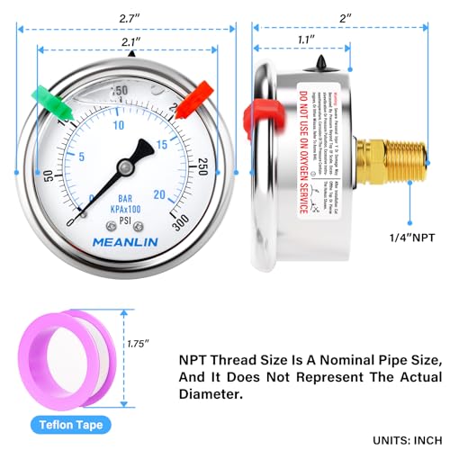 Image of MEANLIN MEASURE 0~300Psi Liquid Filled Pressure Gauge 1 /4 inch NPT 2.5 inch FACE DIAL Stainless Steel Glycerin Filled WOG Water Oil Air Back Mount (with 2PCS Snaps)