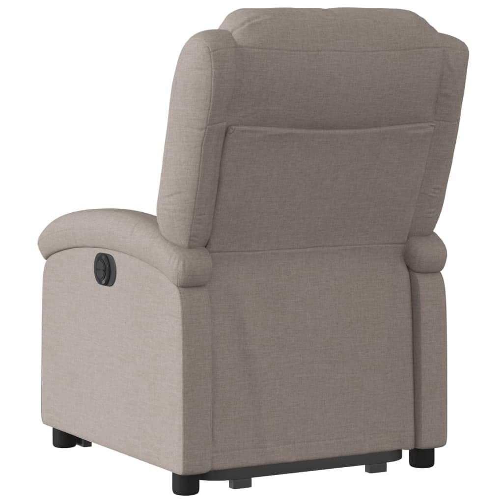 Sillón elevador eléctrico reclinable de tela color pardo con motor para elevación e inclinación automática, respaldo ajustable y reposapiés, estructura estable