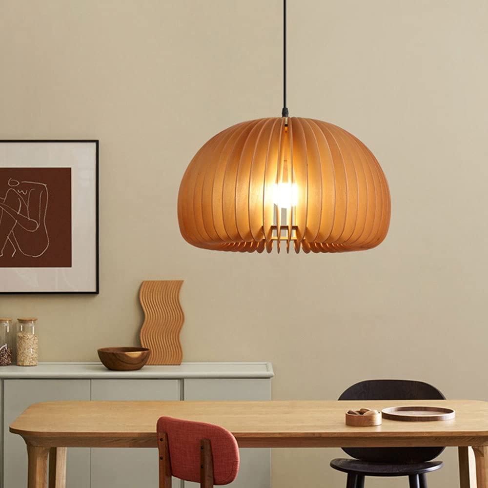 Dyniowa okrągła lampa wisząca Nowoczesna lampa sufitowa z drewnianą ramą, mini żyrandol z regulowanym łańcuszkiem, kreatywne wiszące oprawy oświetleniowe E27 do jadalni na wyspie kuchennej (rozmiar: