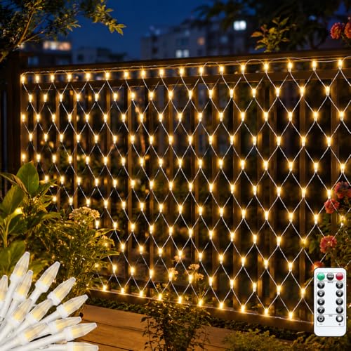 CORST Lichternetz Außen 1.5x1.5M 100LED Diamond Lichterkette Netz Batterie Outdoor Garten Lichterkette Baum Kabel Weiß mit Fernbedienung & Timer 8 Modi für Büsche Balkon(Warmweiß)