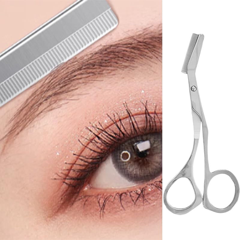 Eyebrow Scissors, Stainless Steel Eyebrow Scissors with Cleaning Brush Eyebrow Scissors with Comb for Women Men(Silver)