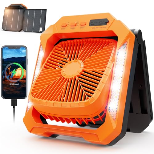 26800mAh Portable Fan Rechargeable with 18W Detachable Solar Panel, Quiet Battery Powered Camping Fan Cordless with LED Lantern,3 Speed,Timer,USB-C,for Bedroom Tent Home Office Desk Hurricane(Orange)