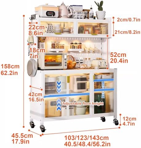 Kitchen Bakers Rack with Microwave Stand, Dual Flip Doors, Pegboard & Large Metal Storage Shelves on Locking Wheels - Perfect for Organizing & Maximizing Space