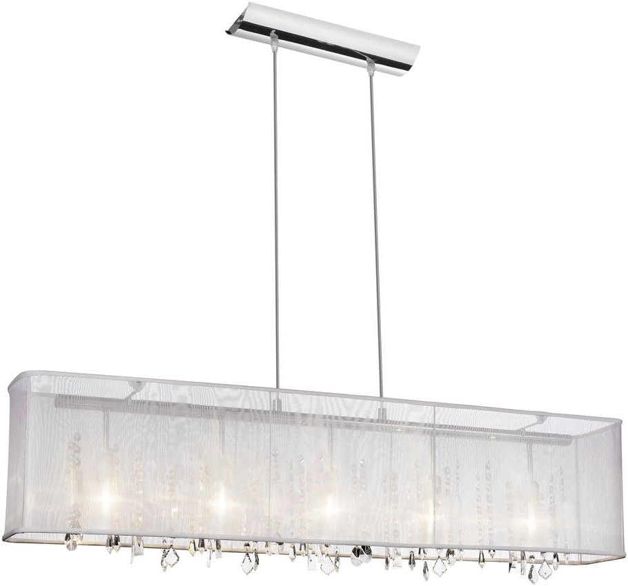 Dainolite 85303A-PC-CRY-44710-119 85303A-44-119 Bohemian Horizontal Crystal Chandelier White Organza Rectangular Shade, 5-Light, Polished Chrome
