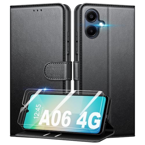Mofurd Handyhülle für Samsung Galaxy A06 Hülle Mit 2 Panzerfolie [RFID-Blockierung] [Kartenfach] [Ständer] Premium PU Magnet Klappbar hülle mit Panzerglas Multifunktional Schwarz