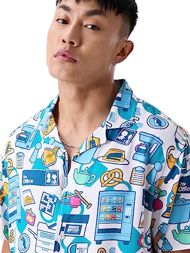 Image of The Souled Store Official The Office: Dunder Mifflin's Pattern Mens and Boys Relaxed fit Graphic Printed Half Sleeve Rayon Multicolored Mens Holiday Shirts (222381)