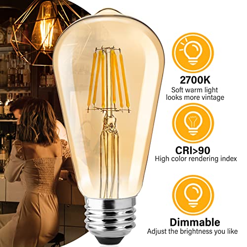 Led Bulbs 60 Watt Equivalent, 6 Packs 6W Dimmable Led Edison Bulb E26 Vintage Led Light Bulb, 2700K Amber Bulbs Warm White Light, 470 Lumen #TOP3
