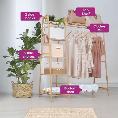 Neo Natural Bamboo Garment Clothes Rack Storage Shelf Hanging Rail Side Hooks for Entryway Bedroom Bathroom and Office - Image 2