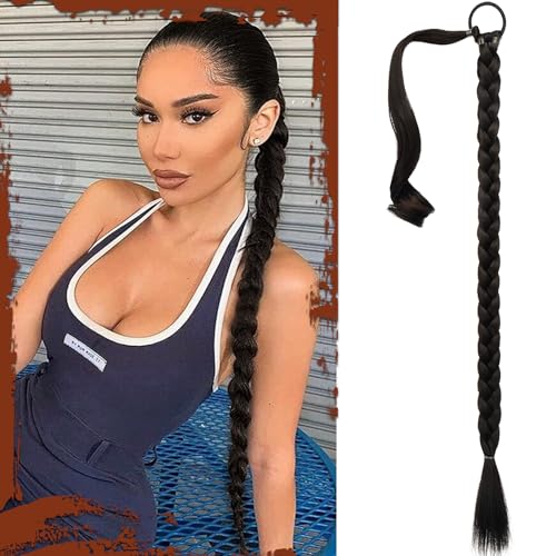 Sofeiyan Long Braid Ponytail Extension with Hair Tie Straight Sleek Wrap Around Hair Extensions Braid Pony Tail Fluffy Natural Soft Synthetic Hairpieces for Women Daily Wear, 34 inch-Dark Brown