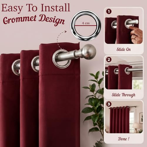 Image of 100% Blackout Window Curtains, 5 Feet, Solid Design, Faux Silk, Thermal Insulated, Noise Reducing Eyelet Door Curtain with Tie Back for Living Room & Bedroom, 115x150cm, Pack of 2 - Maroon