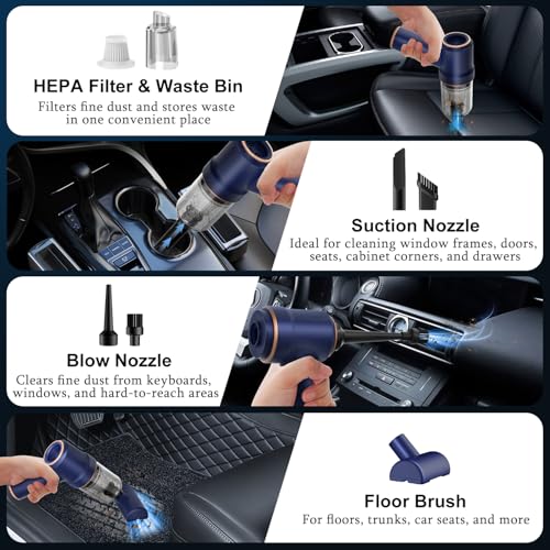 Image of KMM Handheld Car Vacuum Cleaner, 9000Pa Vacuum Cleaner and Air Duster, 120W High Power Hand Held Vacuum with LED Light and Multi-Nozzles for Car, Home, Office, Pet