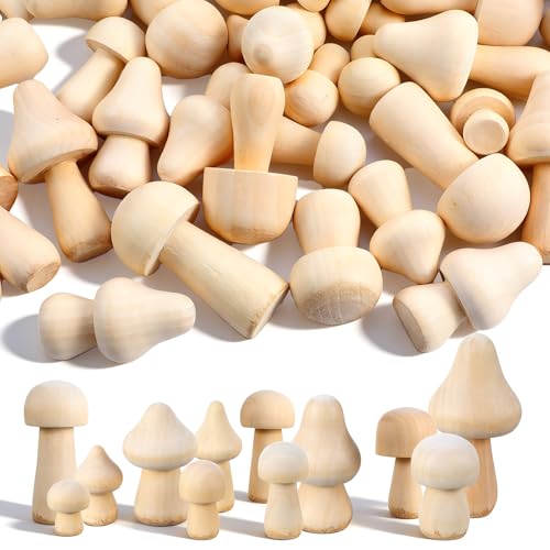 HANLANXUE 80 Pcs Unfinished Wooden Mushroom 12 Size DIY Paintable Mini Mushrooms Figurines Decorations for Home Desk Bookshelves Festival Activities Decorations Gift