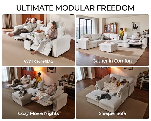 Image of 174.4'' Oversized Modular Power Recliner Sofa with Headrest, Deep Cloud Couch with Table, Charging Cup Holders, Convertible U-Shaped 6-Seater Sectional with 2 Storage Ottomans, Chenille, White